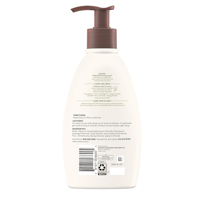 Aveeno Daily Moisturizing Body Lotion with Soothing Prebiotic Oat, Gentle Lotion Nourishes Dry Skin With Moisture, Paraben-, Dye- & Fragrance-Free, Non-Greasy & Non-Comedogenic, 12 fl. Oz-Velvo Beauty