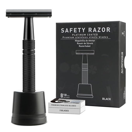 Double Edge Safety Razor with Stand, Single Blade Razors for Men and Women, Reusable Metal Razor, with 10 Stainless Steel Double Edge Blades, Smooth and Close Shave, Plastic Free, Matte Black-Velvo Beauty