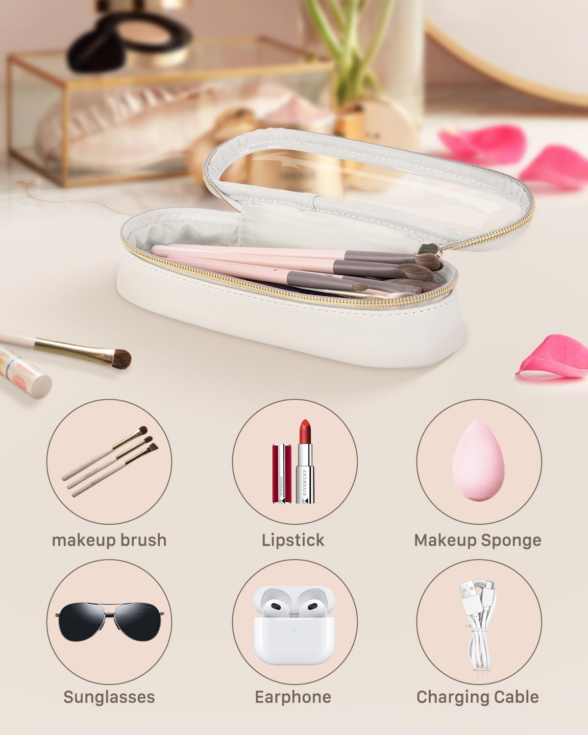 Clear Travel Makeup Brush Holder, Leather Makeup Brush Toiletry Bag, Portable Cosmetic Brush Case, Transparent Waterproof Makeup Brush Storage Bag, White-Velvo Beauty
