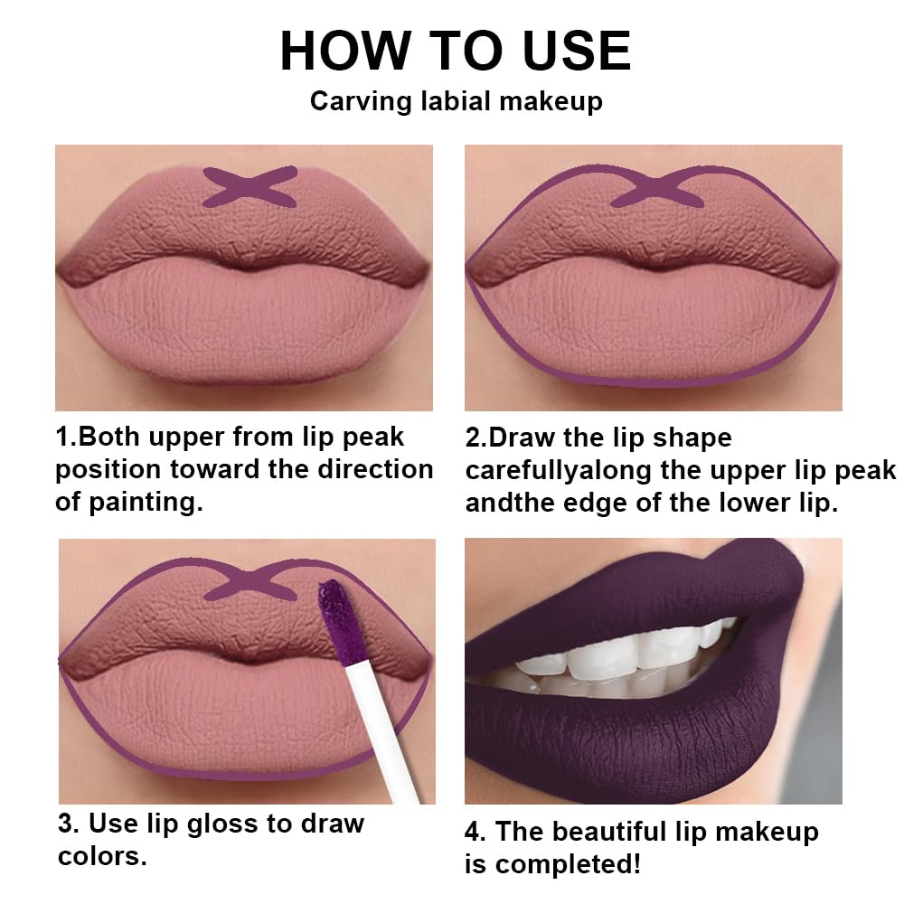evpct 2Pcs Dark Deep Purple Matte Liquid Lipstick Lip Gloss Stain and Retractable Lip Liner Makeup Set for Women Long Lasting Waterproof 24 Hours Lipstick labial mate larga duracion 24 46#-Velvo Beauty