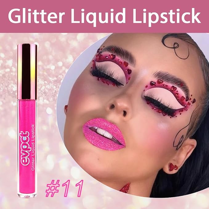 evpct 1Pcs Hot Pink Glitter Metallic Shimmer Diamond Lipstick Lip Gloss for Women Long Lasting Waterproof, Light Bright Rose Pink Sparkle Glitter Matte Liquid Lipstick Lip Makeup Kit, 11#-Velvo Beauty