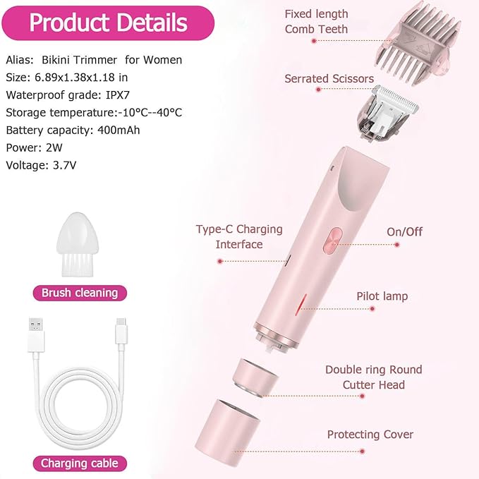 Bikini Trimmer for Women, Waterproof Bikini Shaver with Dual Head Design, Cordless Rechargeable Shaver for Women Private Area, Gentle Wet & Dry Hair Removal for Bikini Line & Underarms-Velvo Beauty