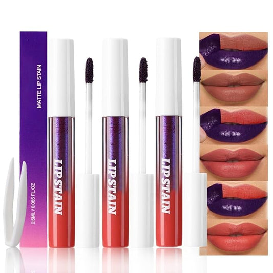 evpct 3Pcs Nude Brown Brownish Red & Orange Red Peel Off Lip Stain Tints, Matte Liquid Lipstick Lip Stain Long Lasting Waterproof for Women, Longwear Lipstick Peel Off Highly Pigmented Easy to Apply-Velvo Beauty