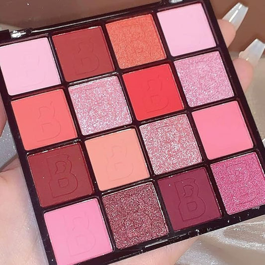 16 Colors Pink Matte Glitter Metallic Eye Shadow Palette, Korean Eyeshadow Palette Makeup, Pigmented Red Eyeshadow Kit for Halloween Parties, Joker Vampire Clown Makeup-Velvo Beauty