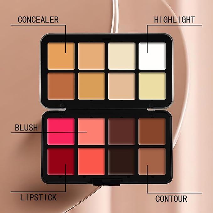 16 Color Cream Makeup Palette, Blush Concealer Highlighter Contour Palette, Multi-functional Makeup Palette with 8 Brushes, Face Make Up Gift for Women Girls-Velvo Beauty