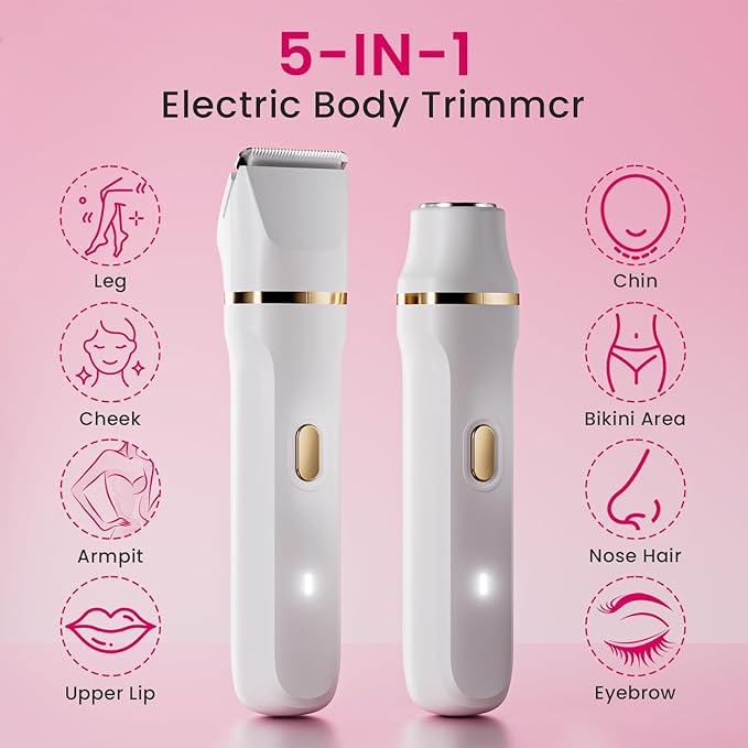 Electric Razors for Women, 5-in-1 Wet/Dry Bikini Trimmer with USB Charge Dock, Deluxe Facial Hair Removal, Wet/Dry Body Shaver for Nose Eyebrows Beard Underarm Leg Arm, IPX7 Waterproof (White)-Velvo Beauty