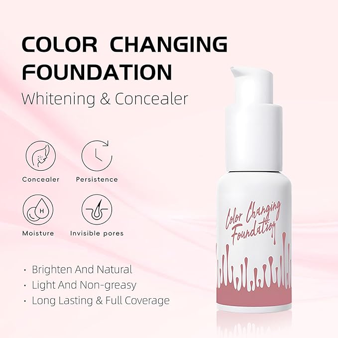 Color Changing Foundation Liquid, Skintone Matching Foundation, Full Coverage, Long Lasting, Lightweight Coverage, Oil Free and Silicon Free, Double Wear, Lightening, Sweat and Water Resistant-Velvo Beauty