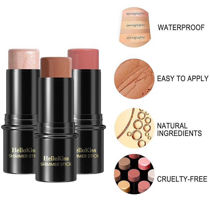3Pcs Cream Contour Stick, with Highlighter Stick Bronzer Stick Blush Stick, Face Contour Stick Highlighter Makeup with Makeup Brush and Sponge for Sculpt the Cheeks, Long Lasting, Waterproof-Velvo Beauty