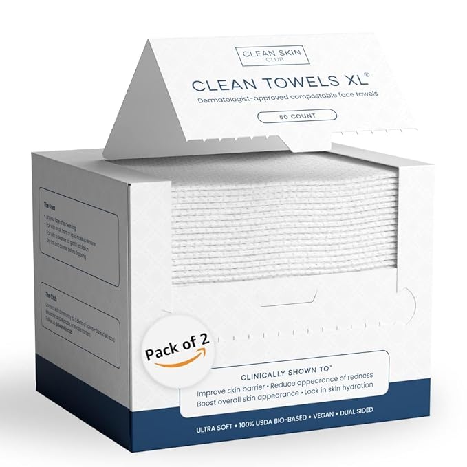 Clean Skin Club Clean Towels XL, 100% USDA Biobased Dermatologist Approved Face Towel, Disposable Clinically Tested Face Towelette, Facial Washcloth, Makeup Remover Dry Wipes, 100 ct, 2 pack-Velvo Beauty