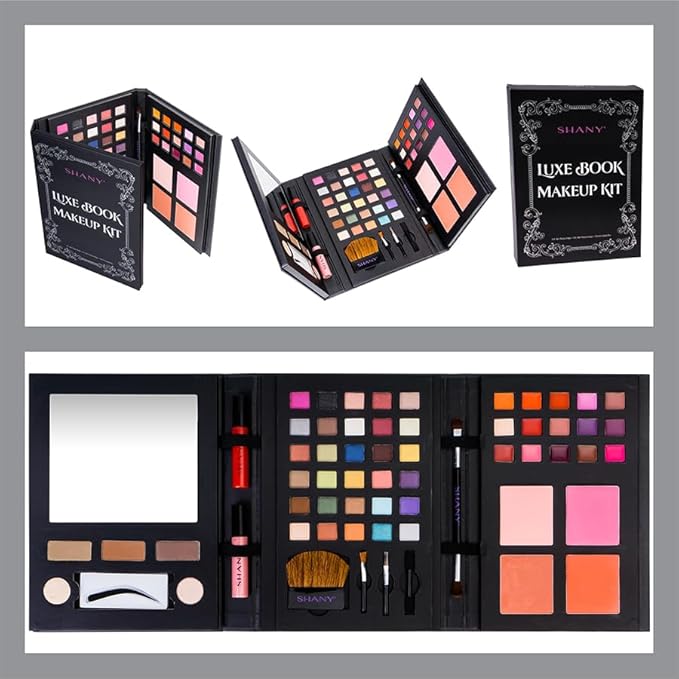 SHANY Luxe Book Makeup Set - All In One Travel Cosmetics Kit with 30 Eyeshadows, 15 Lip Colors, 5 Brushes, 4 Pressed Blushes, 3 Brow Colors, and Mirror-Velvo Beauty
