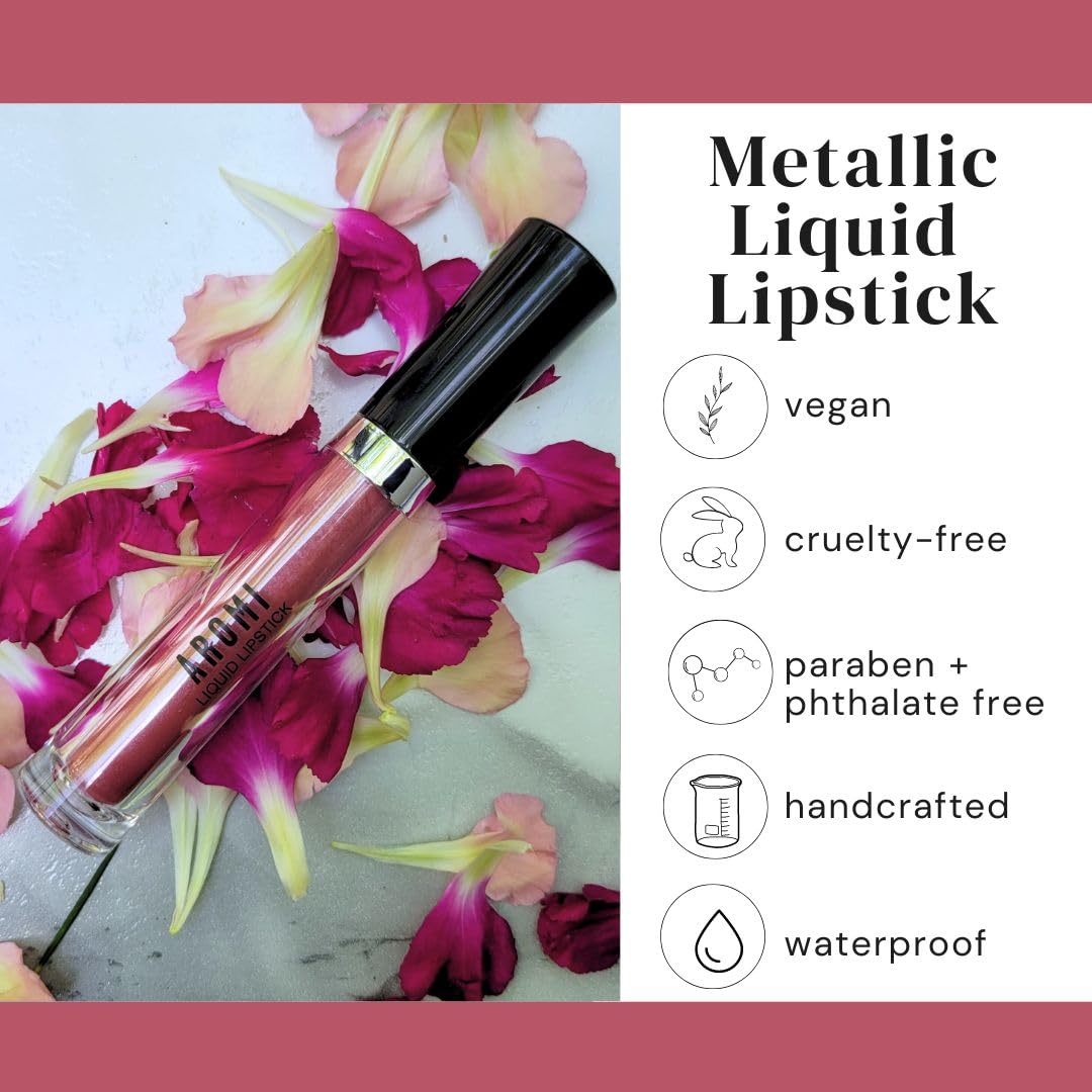 Aromi Metallic Liquid Lipstick | Rose Chestnut Lip Color with Shimmery Finish, Vegan, Cruelty-free, Long-lasting, Waterproof, Gluten Free (Alpine Bloom)-Velvo Beauty