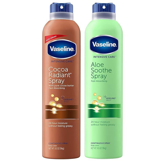 Vaseline Cocoa Radiant Spray + Aloe Soothe Spray Variety 2-Pack – Non-Greasy, Fast-Absorbing All-Over Moisturizer for Dry Skin, 6.5 Oz Ea-Velvo Beauty