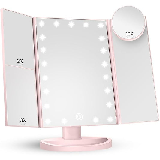 HUONUL Makeup Mirror Vanity with Lights, 2X 3X 10X Magnification, Lighted Mirror, Touch Control, Trifold Dual Power Supply, Portable LED Women Gift (Pink)-Velvo Beauty