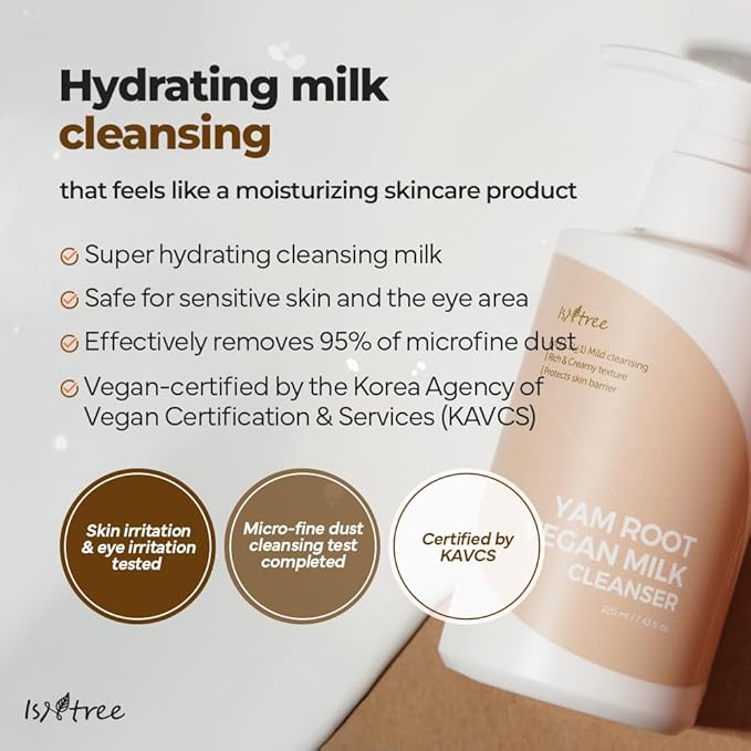 IsNtree Yam Root Vegan Milk Cleanser 220ml, 7.43 fl.oz | Korean Facial Cleanser for Sensitive Skin | Rich & Creamy Texture | Hydrating & Mild | Vegan & Cruelty-Free Skincare-Velvo Beauty