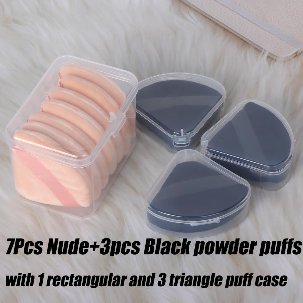 Ocim 10Pcs Triangle Powder Puffs for Face Powder,Soft Velour Triangular Beauty Puff,Makeup Pressed,Baking & Setting Powder Sponge Applicator Pads with Case,Black&Nude-Velvo Beauty
