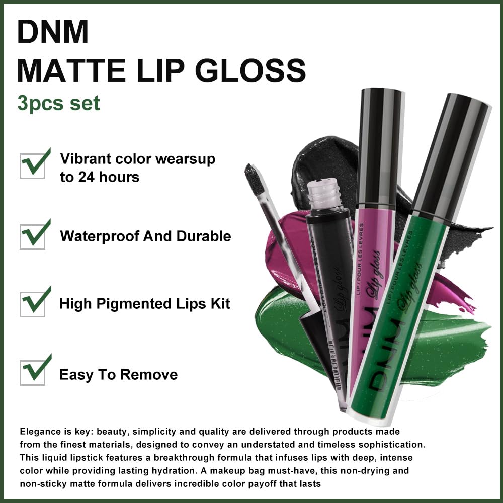 evpct 3Pcs Dark Black Grape Plum purple Emerald Green Matte Liquid Lipstick Lip Stain Sets for Women Matte+Lipstick Long Lasting 24 hr Hours Magic Lipstick 24 Hours original Waterproof 18#-Velvo Beauty