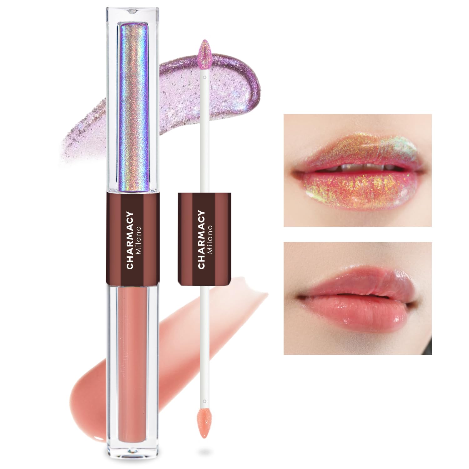 CHARMACY 2 In 1 Multichrome Moisturizing Lip Gloss, Double Head Liquid Lipstick, Mirror Waterproof Long Lasting No Fading Lip Balm, Hydrating Lip Plumper Waterlight Glossy Makeup #001-Velvo Beauty