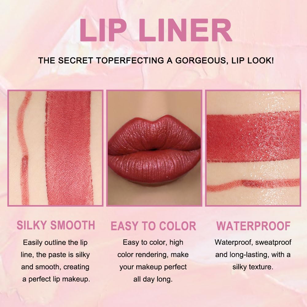 Kaely 2-in-1 Mauve Red Metallic Lip Liner & Lipstick Set Kit for Women, Lips Kit with Lip Liner Lip Stains Long Lasting Waterproof 24 Hour Lipstick and Lip Liners Combo Lipliners Pencil Set 08-Velvo Beauty