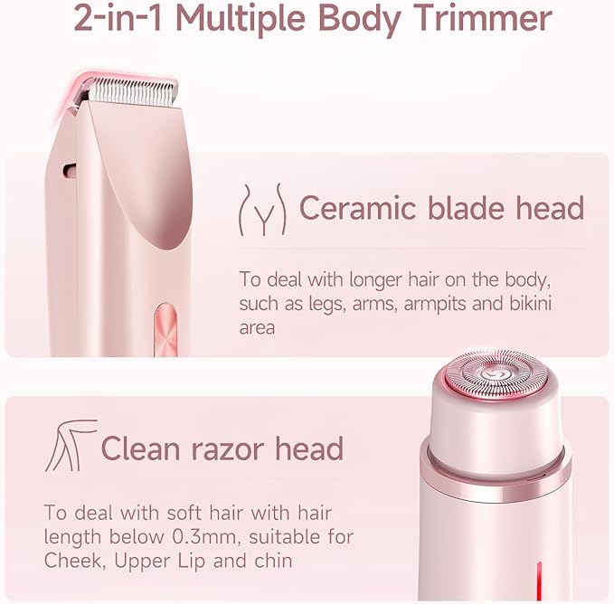 Bikini Trimmer for Women Electric Razors for Women, Double Head Dual Purpose, IPX7 Waterproof Hair Razor, Ceramic Blade Hair Trimmer Wet & Dry Use,Womens Painless Electric Shaver for Facial and Body-Velvo Beauty