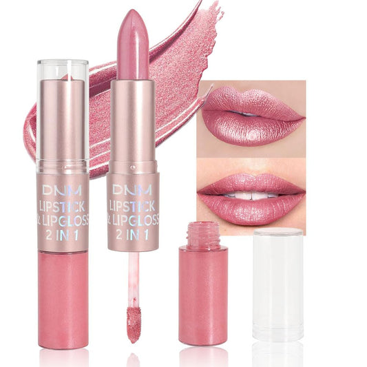 evpct 2 in 1 Light Pink Glitter Metallic Shimmer Diamond Lipstick and Lip Gloss Set for Women Long Lasting Waterproof, Bright Rose Pink Sparkle Glitter Shiny Lipstick and Lip Liner Makeup set, 01#-Velvo Beauty