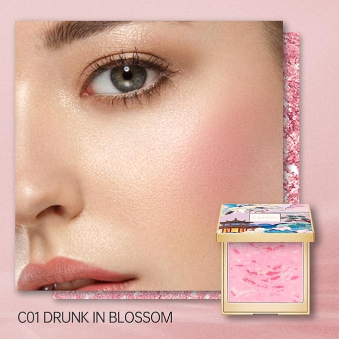 CATKIN Powder Blush for Cheek Blusher Natural Shimmering Blush & Highlight 2 in 1 Creamy Blendable Baked Blush Palette 10g C01 Drunk in Blossom-Velvo Beauty
