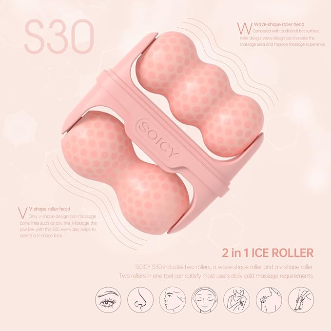 Ice Roller for Face with Gua Sha, Travel ice Roller Cold Therapy Tools, Cold Facial Ice Roller Massager for Eye Puffiness, Migraine, TMJ Pain Relief & Minor Injury (Pink)-Velvo Beauty