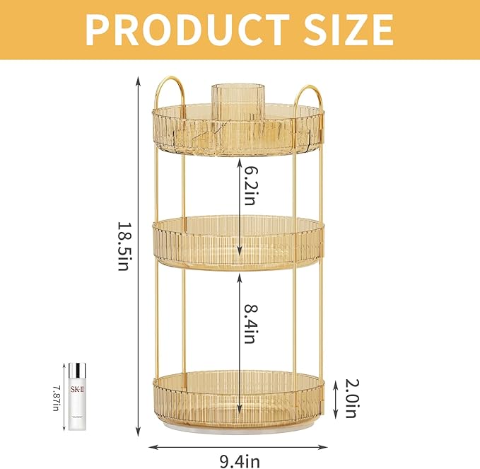 360° Rotating Makeup Organizer, Large-Capacity Skincare Make Up Storage 3 Tier Perfume Organizers Cosmetic Dresser Organizer with Makeup Brush Holder, Fits Bedroom, Bathroom, Vanity Shelf Countertop-Velvo Beauty