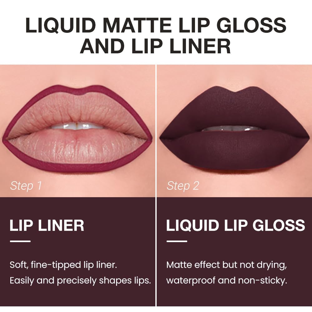 evpct Retractable 1Pcs Lip Liner Pencils and 1 Pcs Lip Gloss Makeup Set for Shaping & Sculpting Lips, Plum Long-Lasting Waterproof Longwear Matte Rich Lip Colors Liner Crayon Liquid Lipstick 11#-Velvo Beauty