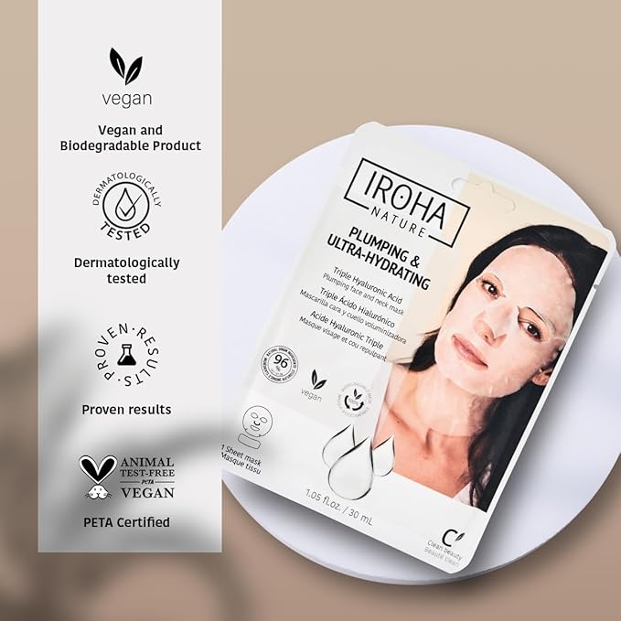 IROHA NATURE Replumping & Anti-Aging Tissue Face Mask (Pack of 5) | With Triple Hyaluronic Acid | Deep Hydration & Anti-Aging Effect | For Softer Skin | 100% Vegan-Velvo Beauty