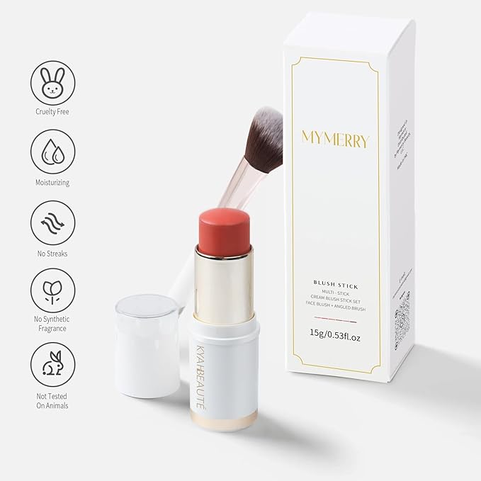 Blush Stick, Cream Blush for Cheeks and Lip Tint, Dewy Finish, Buildable & Blendable Color, Lightweight & Long-Lasting Formula | Salad Day-Coral & Angled Blush Brush(0.53fl.oz)-Velvo Beauty