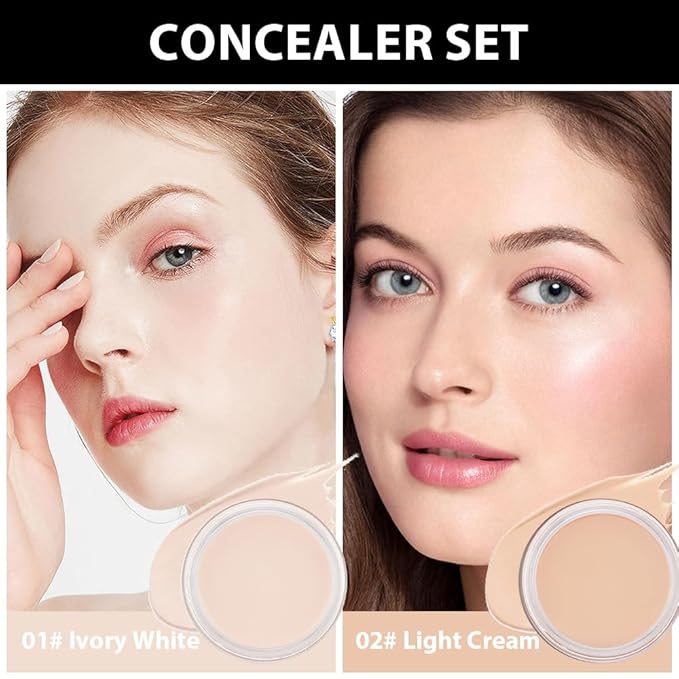 Kaely 2Pcs Pot Concealer Full Coverage Set,under Eye Brightener Concealer for Conceals Dark Circles,Waterproof Foundation Face Makeup Brush Kit,Color Correcting Concealer,01+02-Velvo Beauty