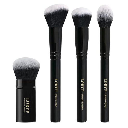 LORYP 4 Pcs Full Face Professional Makeup Brushes Set with Retractable Kabuki Airbrush For Powder,Liquid,Cream,Angled Blush Brush, Foundation Brush, Tapered Highlight Brush-Velvo Beauty