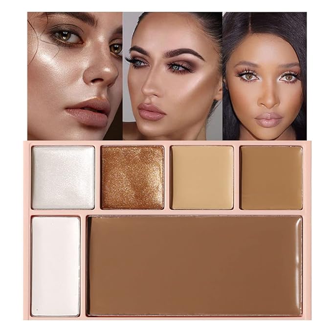 Pro Cream Highlight and Contour Palette Kit with Mirror & Brush for Women. White Silver Gold Highlight Brown Face Correcting Concealer Palette-Velvo Beauty