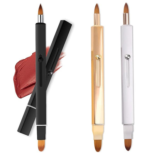 3 Pack Lip Brush for Lipstick Makeup Brushes Double-Ended Retractable Lip Brush with Cap Dustproof for Lipstick Gloss Creams Portable with Cap(Black + Gold + Silver)-Velvo Beauty