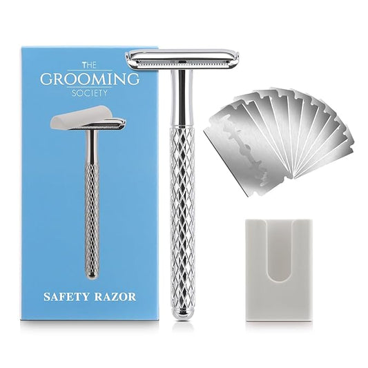 Double Edge Safety Razor with Chrome Plated Handle & Silicone Cover & 10 Blades Single Blade Safety Razor for Travel Metal Eco-Friendly Reusable Razor for Shaving-Velvo Beauty