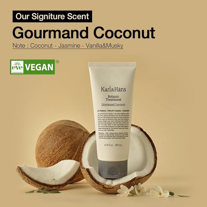 Karl&Hans Botanic Gourmand Coconut Conditioner Hair Treatment - Organic, Silicone-Free, Moisturizing with Ceramide, Coconut Oil & Natural Extracts for All, Dry, Damaged, Frizzy Hair, 6.76 fl oz-Velvo Beauty