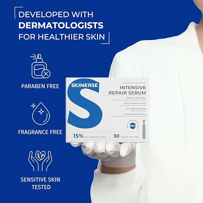 Intensive Repair Serum, 15%Hyaluronic Acid for Sensitive Skin Anti Aging Ultra Hydrating Serum for Face Calming Barrier Repair Redness Relief with Ceramides Centella 30Vials Daily Travel Care-Velvo Beauty