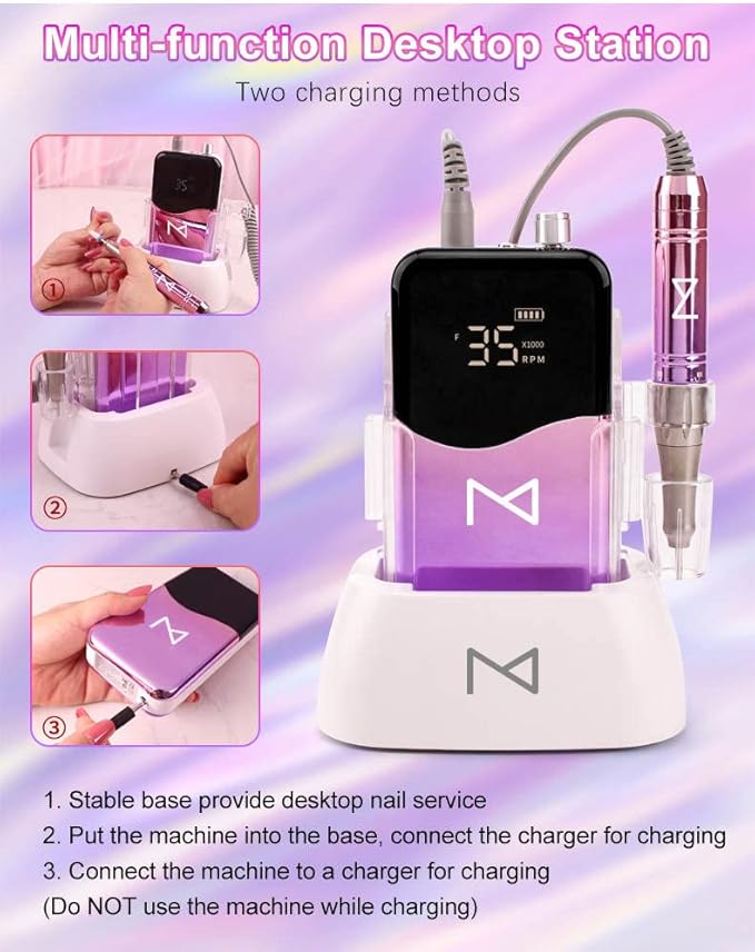 M Mase- Professional Nail Drill Machine - Coreless 2-in-1 Nail File - Electric, Cordless, 35000 RPM, HD Display - Electric Nail Drill for Professional & Home Use (Metallic Gold)-Velvo Beauty