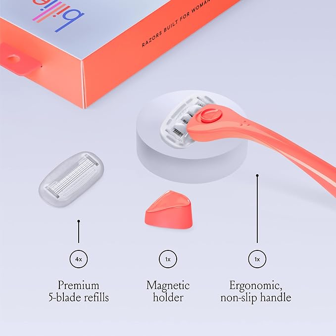 Billie Razors for Women Shave Kit – Women’s Razor + 4 x 5-Blade Razor Refills + Magnetic Holder – Coral-Velvo Beauty