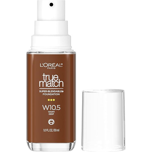 L'Oreal Paris True Match Super-Blendable Foundation, Medium Coverage Liquid Foundation Makeup, W10.5, Deep, 1 Fl Oz-Velvo Beauty