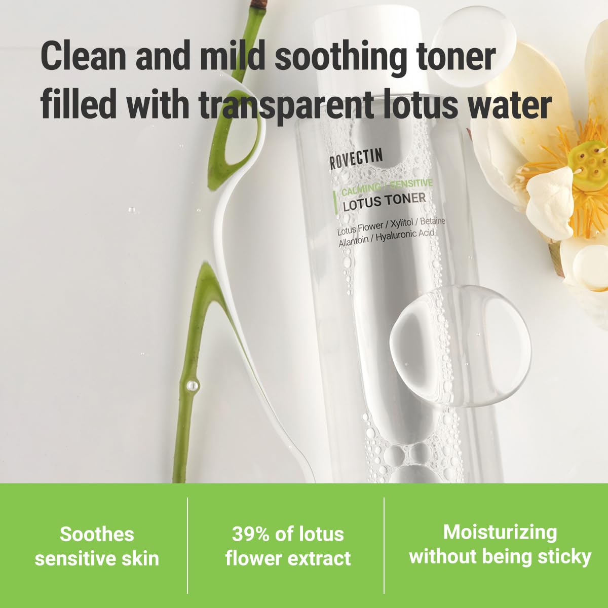 ROVECTIN Calming Lotus Water Toner - pH4.7 Extra Soothing and Hydrating for Trouble Care | 40% Lotus Flower Extract for Purifying | Hyaluronic Acid, Alcohol-Free, Vegan, K-Beauty (6.76 fl. oz, 200ml)-Velvo Beauty
