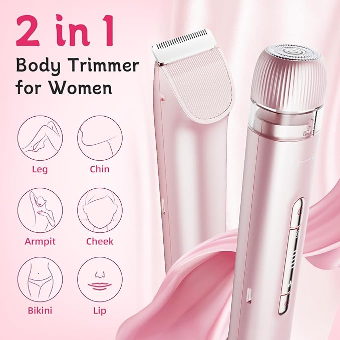 Bikini Trimmer for Women, 2-in-1 Electric Lady Shaver for Bikini Line & Sensitive Areas – IPX7 Waterproof Wet & Dry Razor for Underarms, Legs, Arms, Body & Face, USB-C Rechargeable, Pink-Velvo Beauty