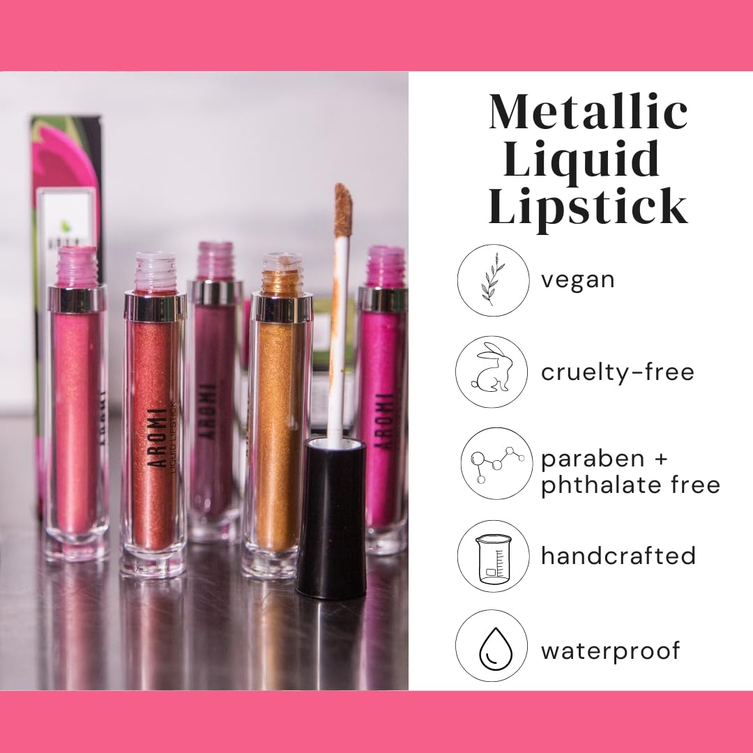 Aromi Metallic Liquid Lipstick | Peachy Pink, Coral Lip Color with Shimmery Finish, Long-lasting, Vegan, Cruelty-free, Smudge Proof, Gluten Free (Rose Gold)-Velvo Beauty