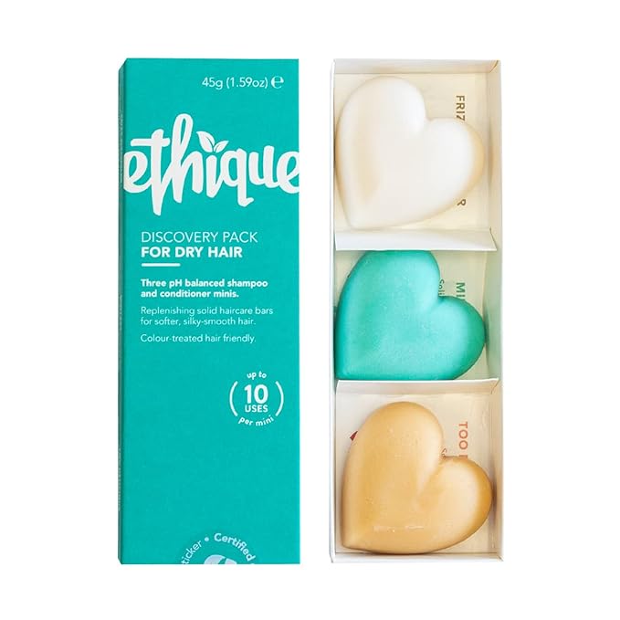 Ethique Discovery Pack for Dry Hair - Shampoo & Conditioner - Plastic-Free, Vegan, Cruelty-Free, Eco-Friendly, 3 Travel Bars, 1.59 oz (Pack of 1)-Velvo Beauty