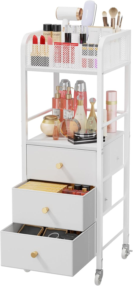HapiRm Rolling Makeup Cart Organizer - Floor Skincare Make Up Storage with 3 Drawers, Vanity Organizer Cosmetic Display Cases Holder for Skin Care Perfume Nail Polish Brush Hair Tool, White-Velvo Beauty