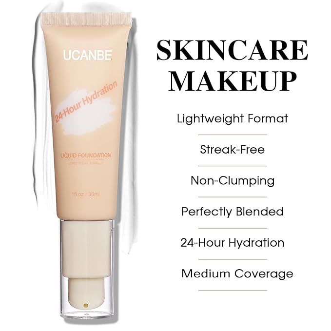 UCANBE White Liquid Foundation with Brush, Skincare Serum Foundation Face Makeup with Hyaluronic Acid, Medium to Medium to Full Coverage Waterproof Oil Control Longwear, for Mature Skin, 1 fl. oz.-Velvo Beauty