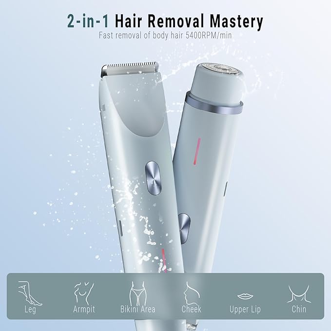 2-in-1 Bikini Trimmer and Shaver Kit for Women, Electric Body Hair Trimmer Facial Hair Removal Cordless Bikini Shaver Razor for Face Lip Chin Pubic Underarm Legs, Blue-Velvo Beauty