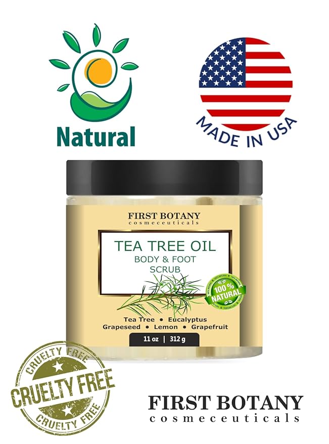 First Botany 100% Natural Tea Tree Oil Body & Foot Scrub with Salt - Best for Acne, Dandruff and Warts, Corns, Calluses, Athlete foot, Jock Itch & Body Odor-Velvo Beauty