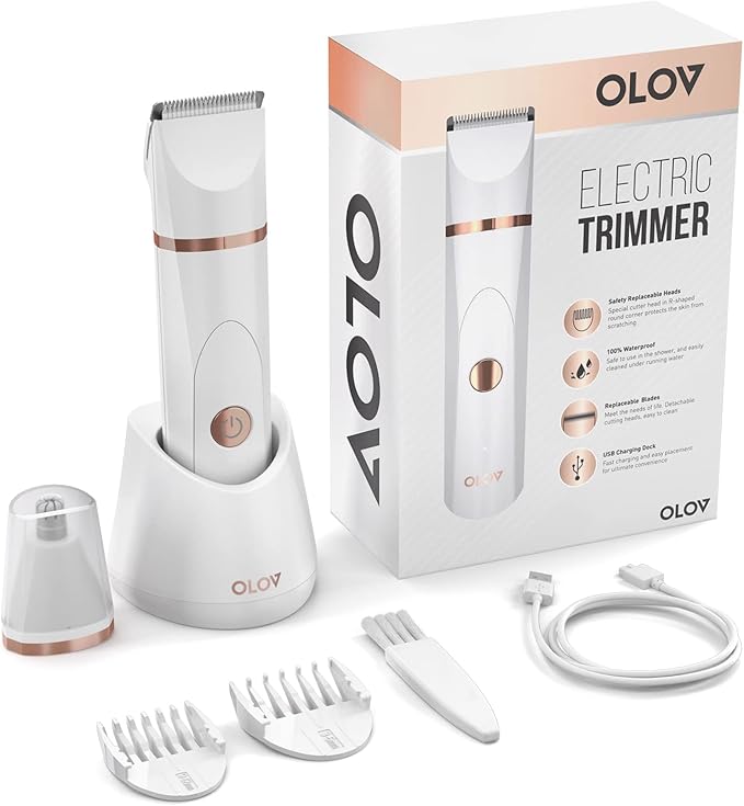 OLOV Electric Body Hair Trimmer - Groin Trimmer for Men - Bikini Trimmer Women - Wet/Dry Shaver Groomer, Replaceable Ceramic Blade Heads, USB Recharge Dock, Waterproof Hygiene Razor, White-Velvo Beauty