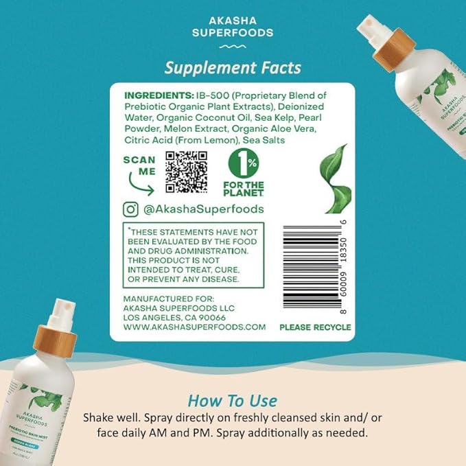 Akasha Prebiotic Skin Mist 3.4oz I Organic Facial Mist, Sea Kelp Extract, Face Spray for Naturally Restoring the Skins Microbiome, Dewy, Help Acne, Psoriasis & Sunburn*, Anti Aging Skin Care Products-Velvo Beauty